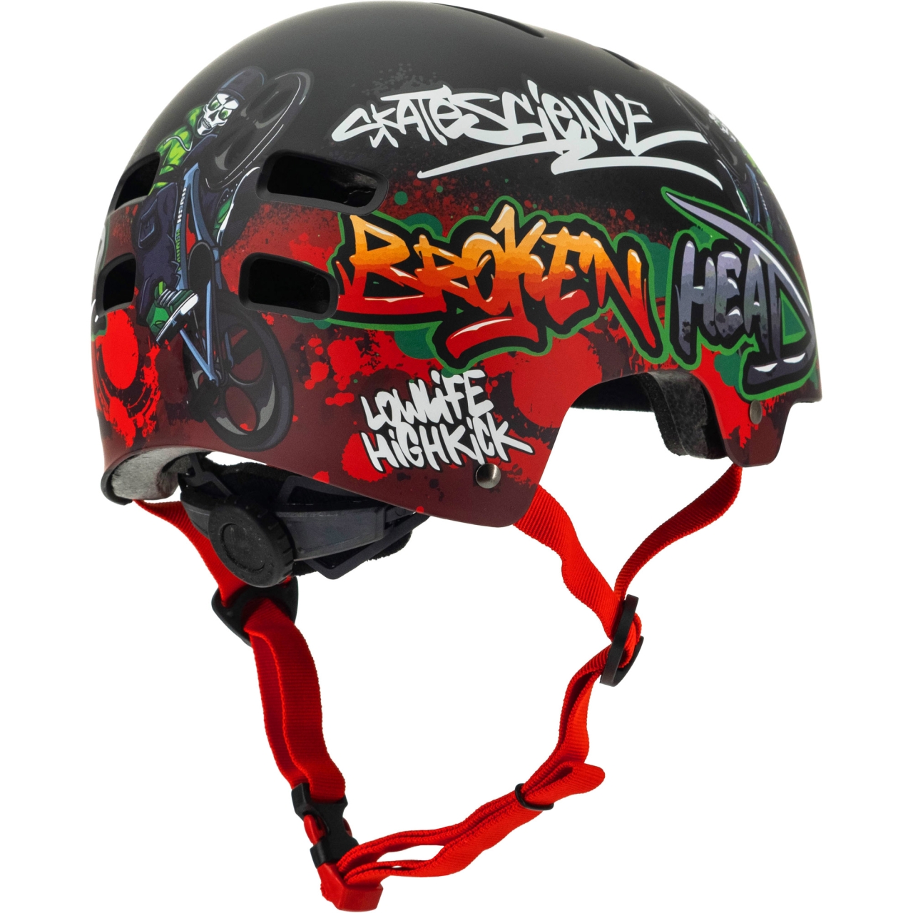 Broken Head BMX-Boner Kinder-Fahrradhelm und Skatehelm in Schwarz, Rot und Grün