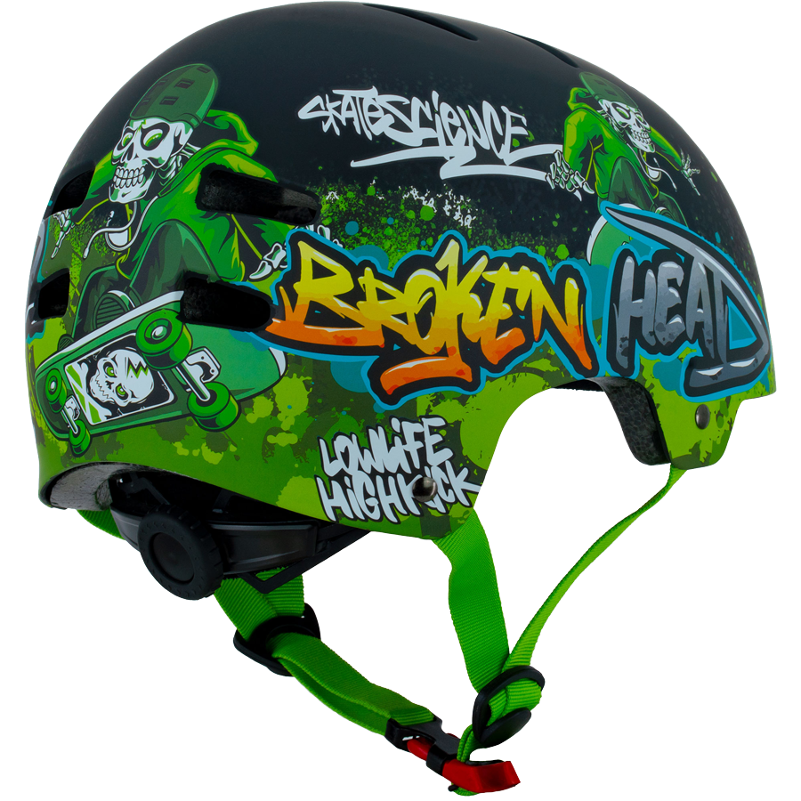 Broken Head Skate Boner Kinderhelm in Schwarz und Grün für Fahrrad und Skate